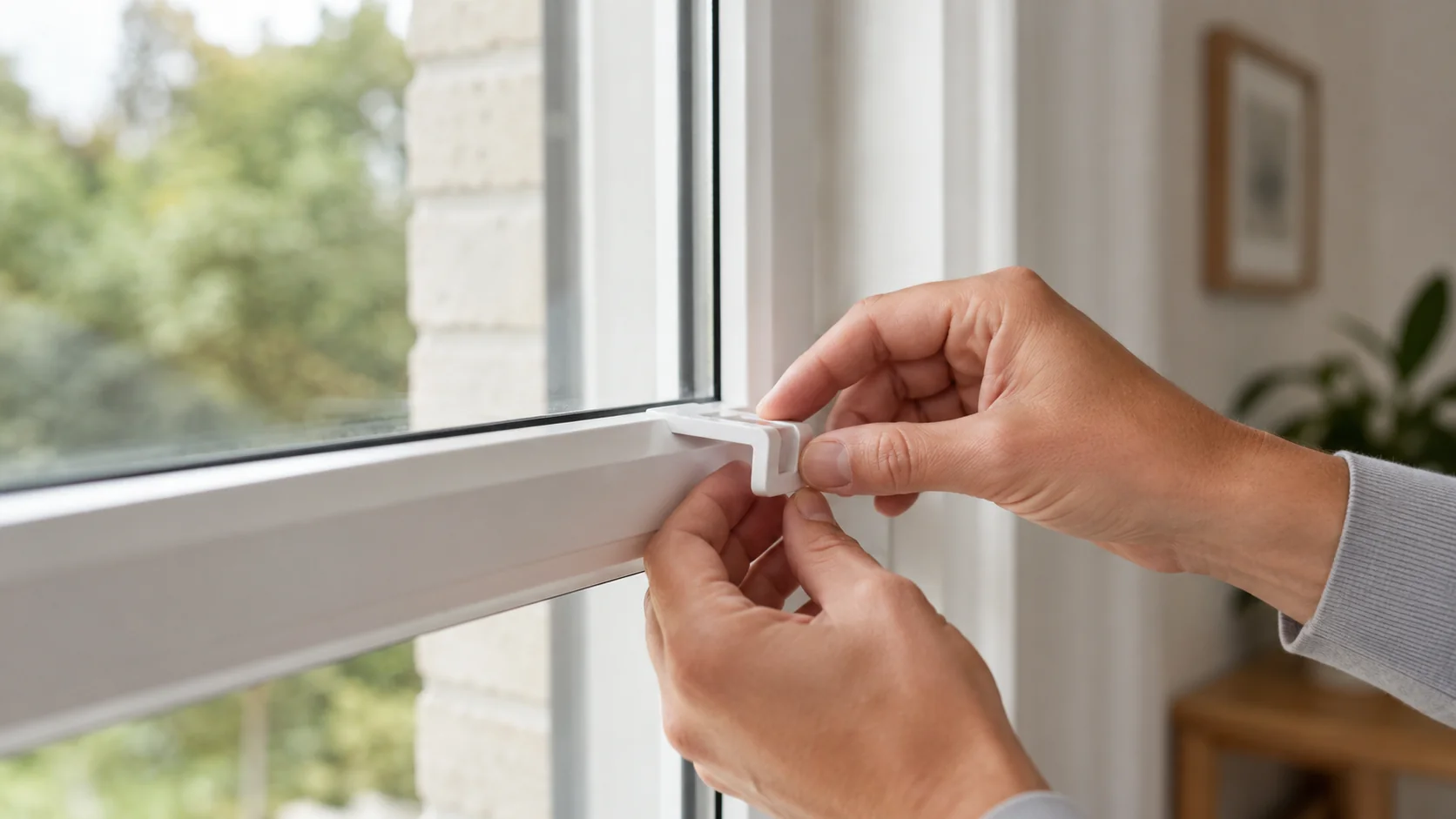Hand bringt einen weissen Klemmträger an die Glasleiste eines modernen Kunststoff-Fensters an
