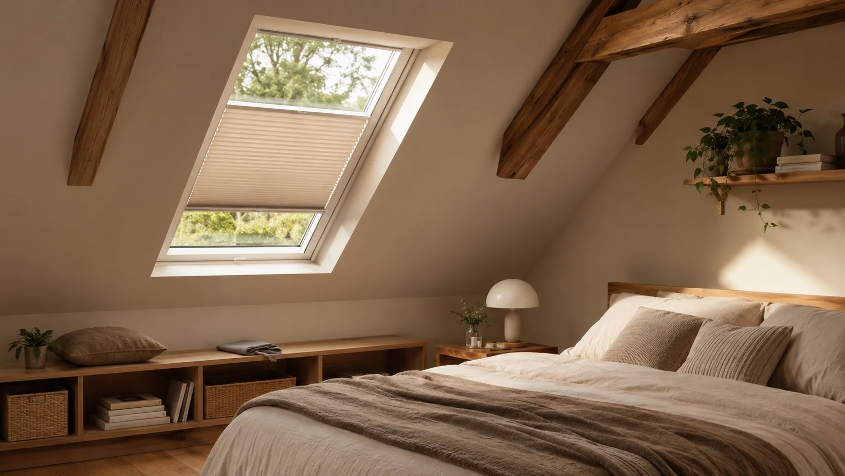 Gemütliches Dachgeschoss-Zimmer mit Velux-Dachfenster und beige Plissee bei Nachmittagslicht