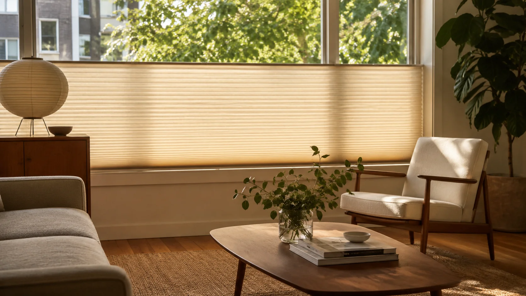 Wohnzimmer mit Plissees im warmen Nachmittagslicht, gefaltete Stoffbahn vor grossem Fenster