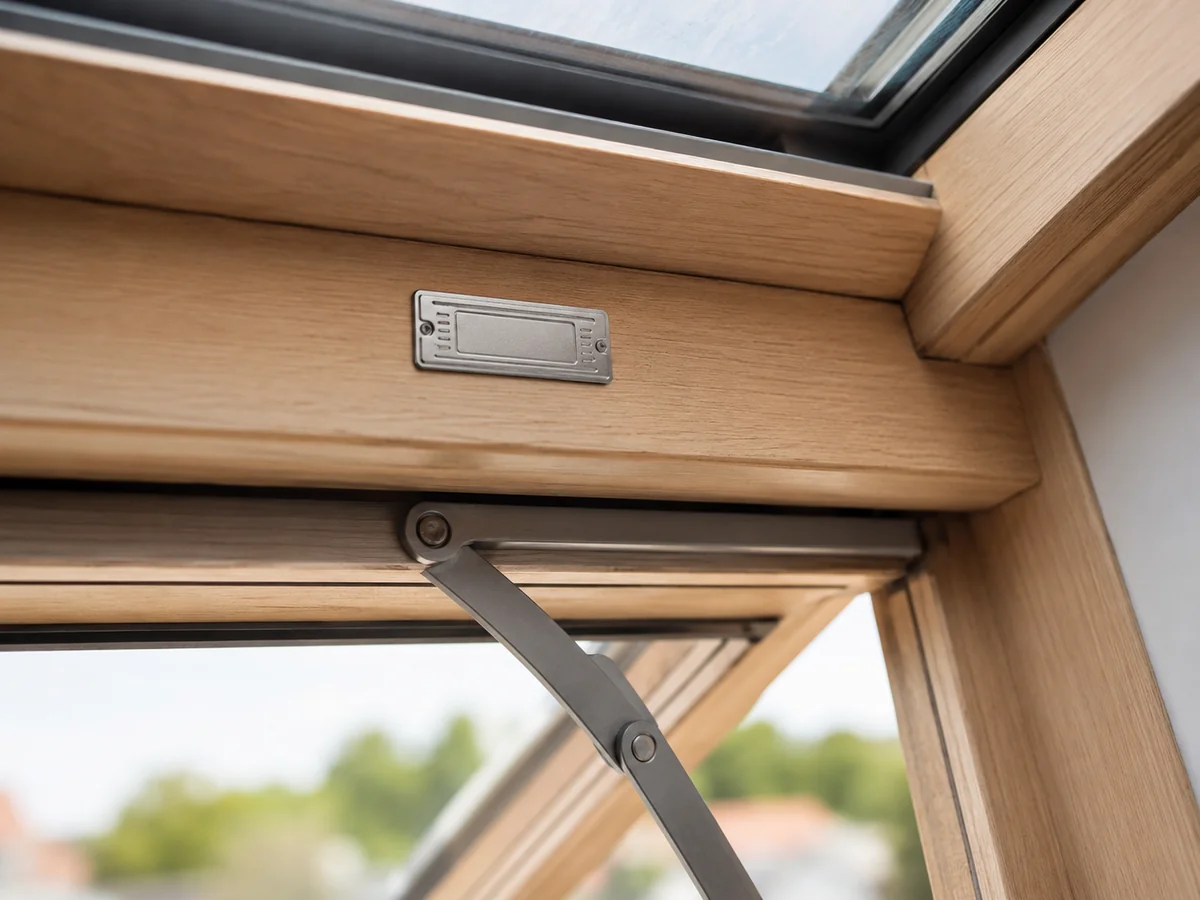 Macro-Aufnahme eines Typenschilds am oberen Innenrahmen eines geöffneten Dachfensters