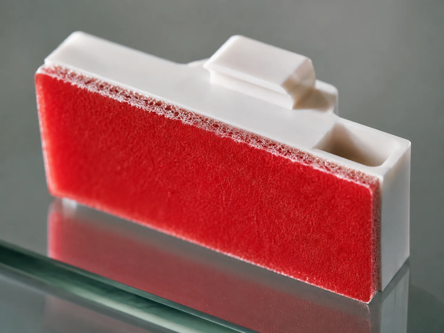 Macro-Aufnahme eines weissen Klebehalters mit rotem 3M VHB-Klebeband auf der Rückseite